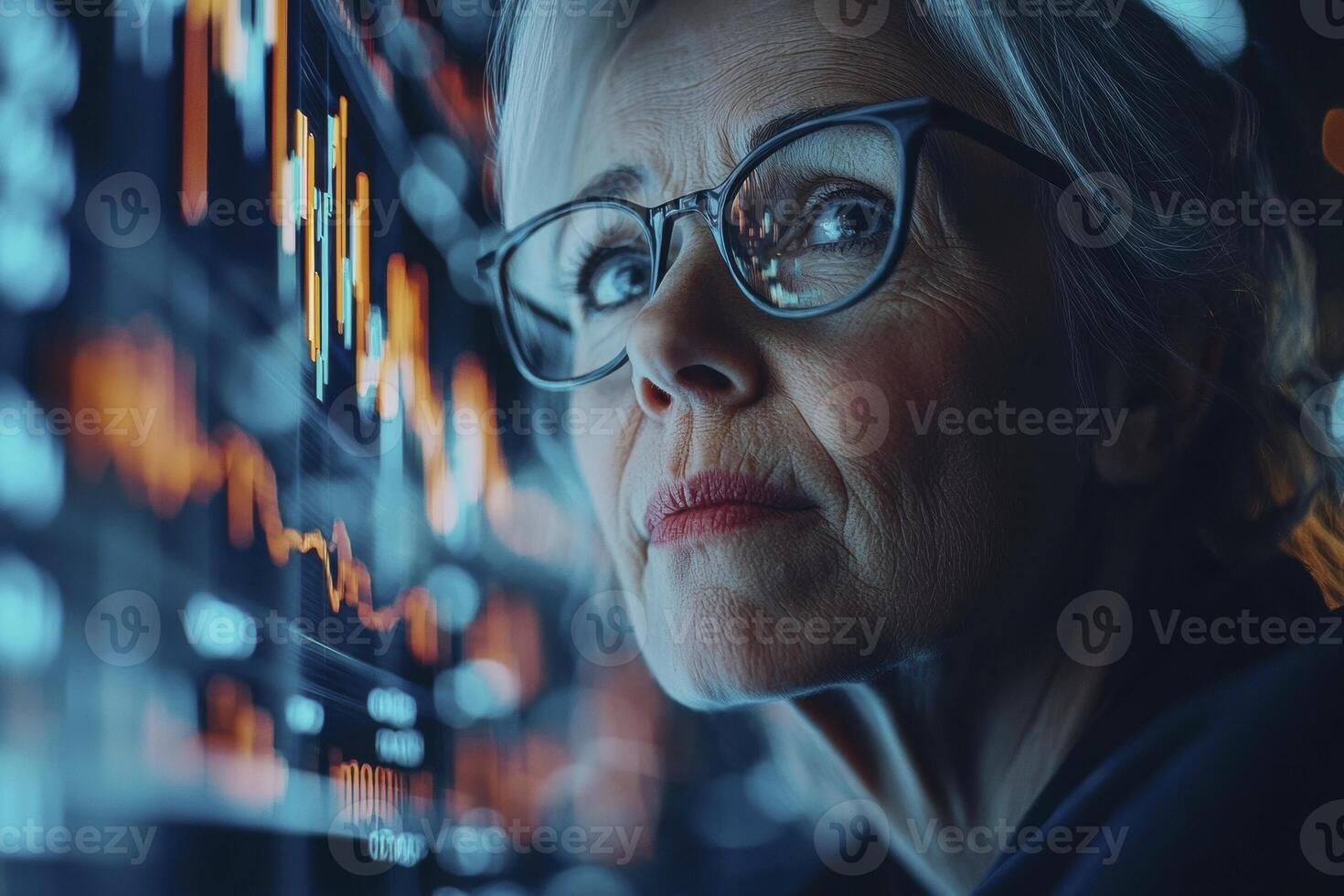 In the complex realm of finance, a senior woman stands as a beacon of experience and foresight, meticulously analyzing stock market trends With focused determination, she navigates the intricacies of photo