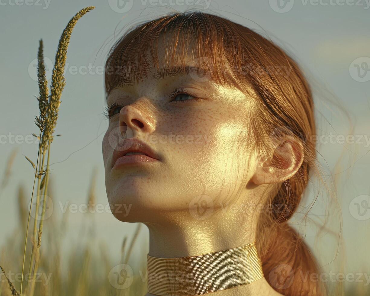 In the ethereal expanse where dreams and reality intertwine, a vision of delicate beauty emerges Her captivating gaze, a window to a soul both strong and fragile, draws you into a realm of quiet photo