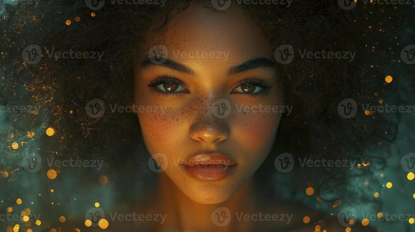 In the ethereal embrace of a twilight dream, a woman emerges, her face radiant, her curly hair a halo of shadows and light Eyes that hold the secrets of ancient forests, skin kissed by moonlight, and photo