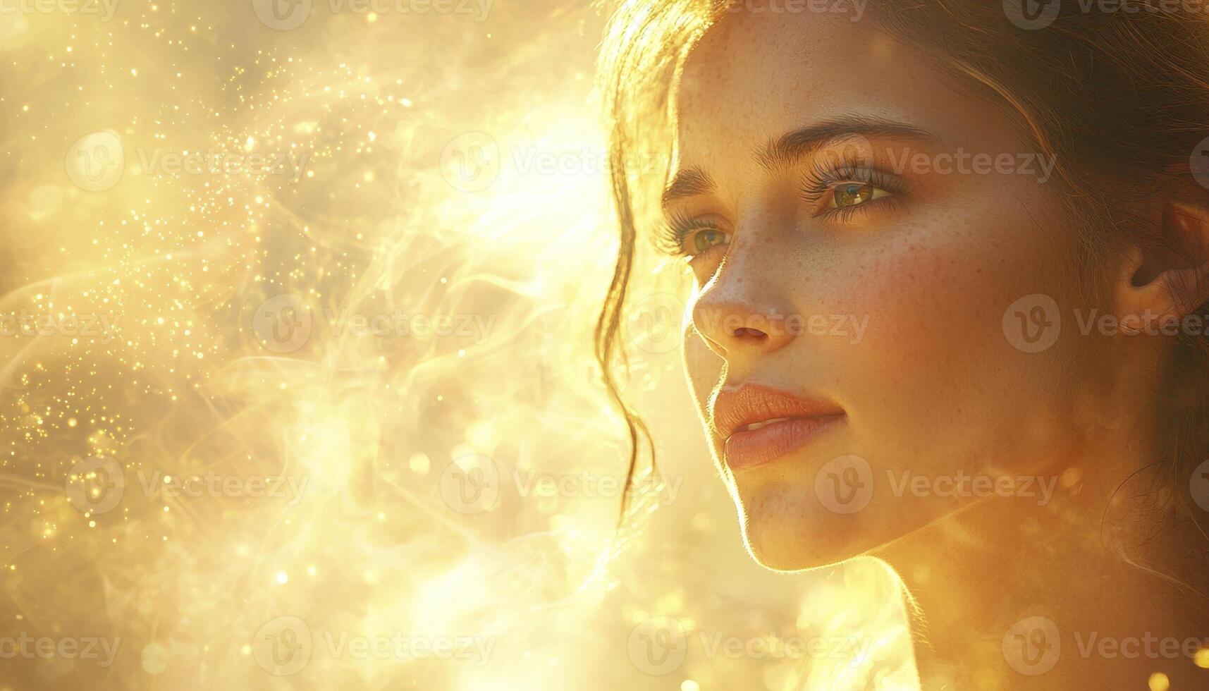 In the heart of an enchanted realm, where dreams intertwine with reality, a radiant woman emerges, her presence illuminating the ethereal landscape Bathed in a soft, golden glow, she exudes serenity photo