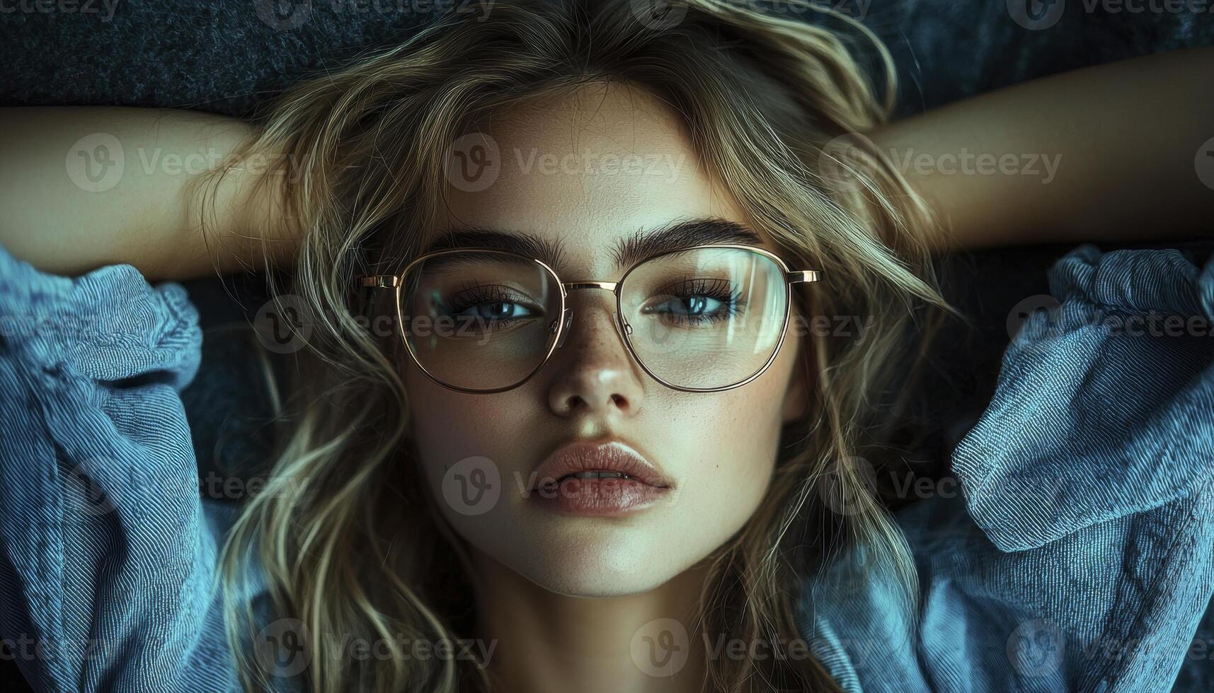 In the heart of a serene and inviting indoor space, a woman exudes an air of quiet contemplation and relaxed elegance Her choice of oversized glasses adds a touch of intellectual charm, framing her photo