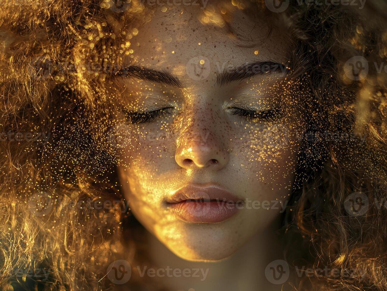 In the heart of twilight's embrace, a curly-haired woman stands bathed in the ethereal glow of bokeh lights, her beauty amplified by the magical ambiance of the evening The soft luminescence dances photo