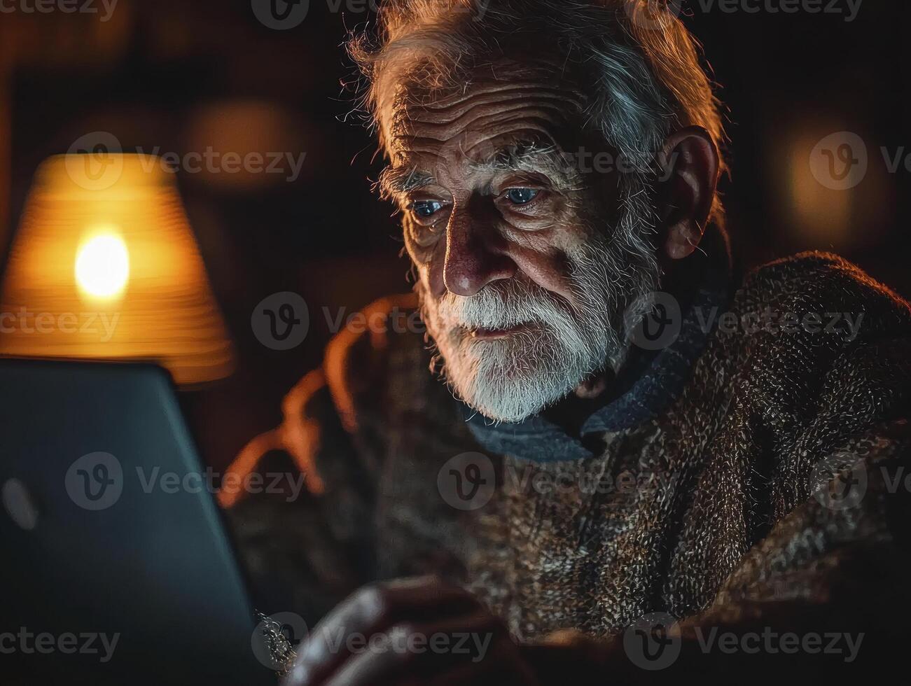 In the quiet solitude of his home, an elderly gentleman meticulously reviews his online banking portal He's deeply engrossed in monitoring the growth of his retirement fund, a crucial component of photo