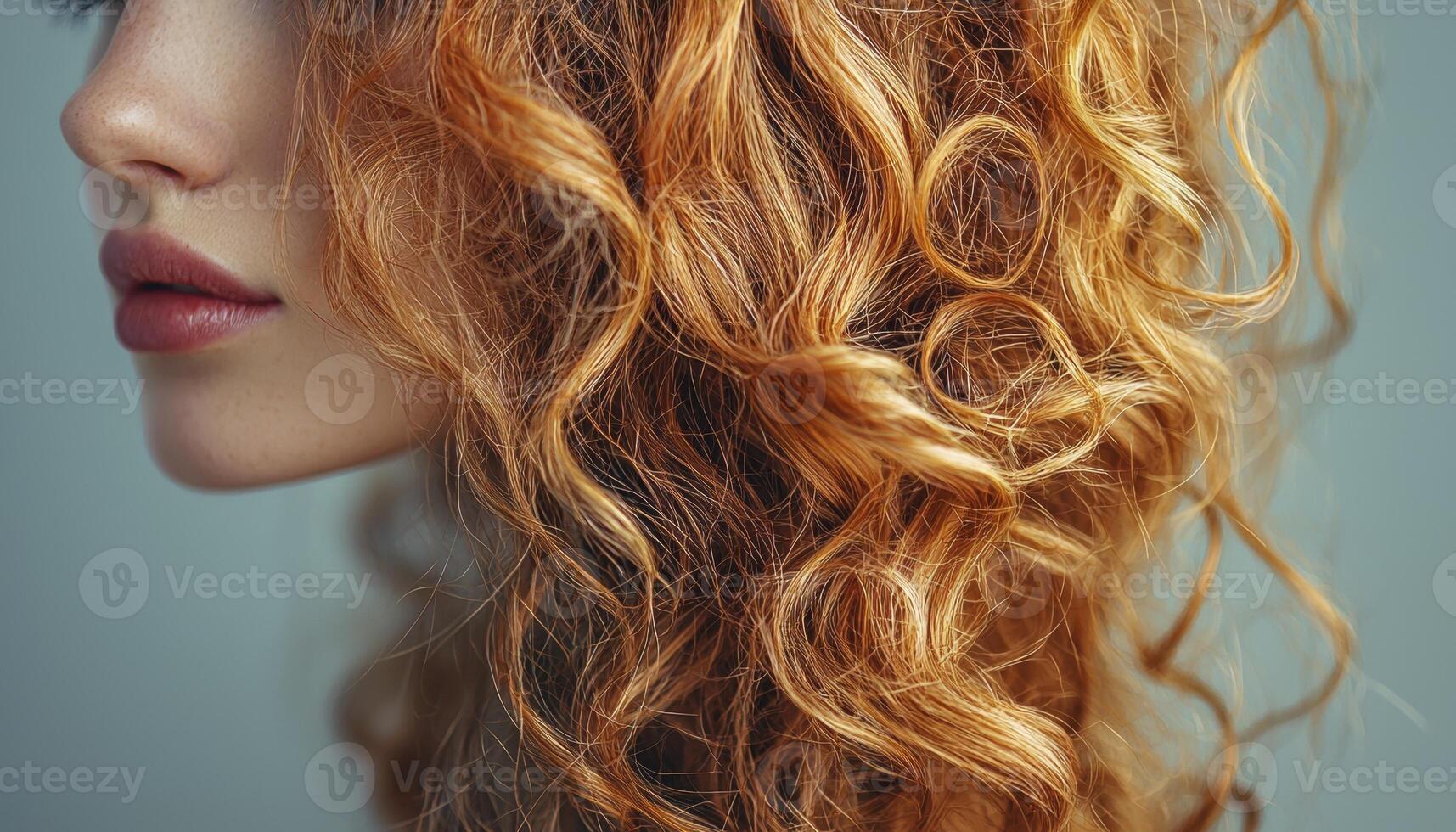 In the realm of ethereal beauty, a cascade of fiery curls dances with carefree abandon Each strand whispers tales of untold enchantment, while soft bokeh unfurls like a dream The light caresses the photo