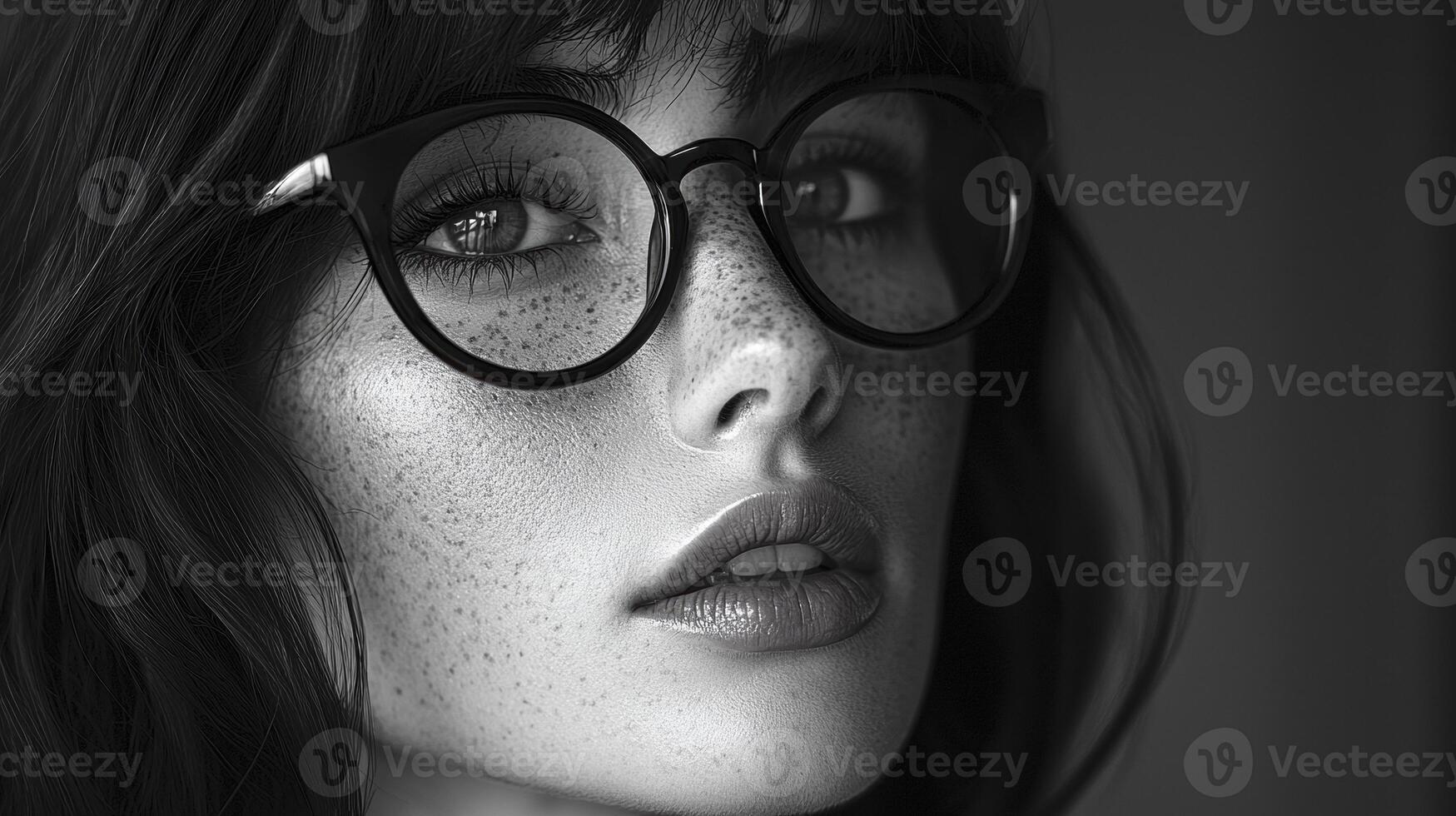 In the realm of minimalist fashion, a striking individual emerges, adorned with iconic cat-eye glasses that exude timeless charm The monochrome ensemble, a canvas of elegant simplicity, complements photo