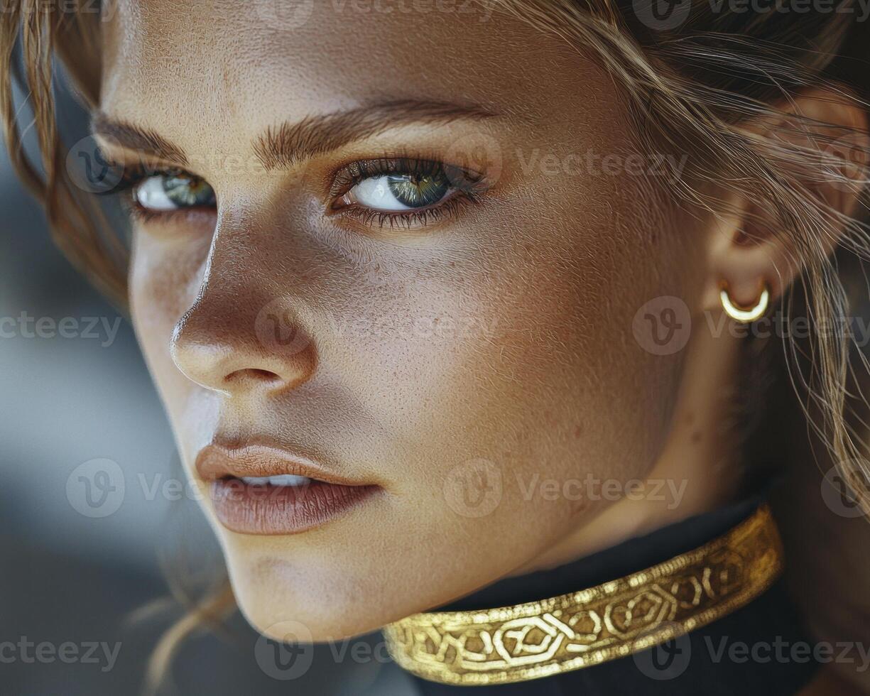 In the realm of ultra-minimalist portraiture, a captivating model emerges, adorned solely with a radiant gold choker This striking composition celebrates simplicity, emphasizing the subject's photo