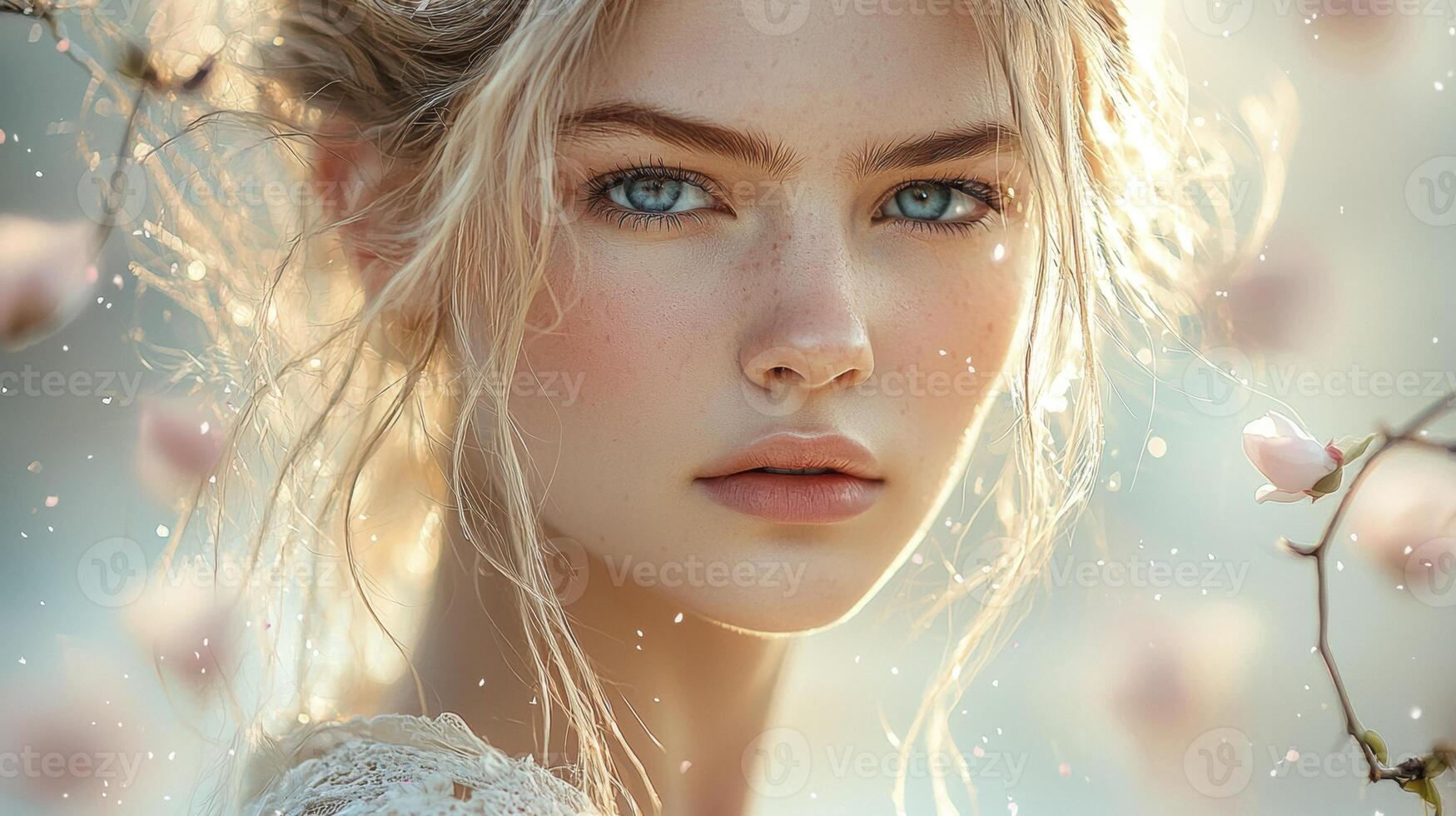 In the tranquil embrace of dawn's first light, a captivating woman emerges, her beauty amplified by the ethereal glow Soft, delicate petals dance around her, creating a dreamlike aura Her eyes, like photo
