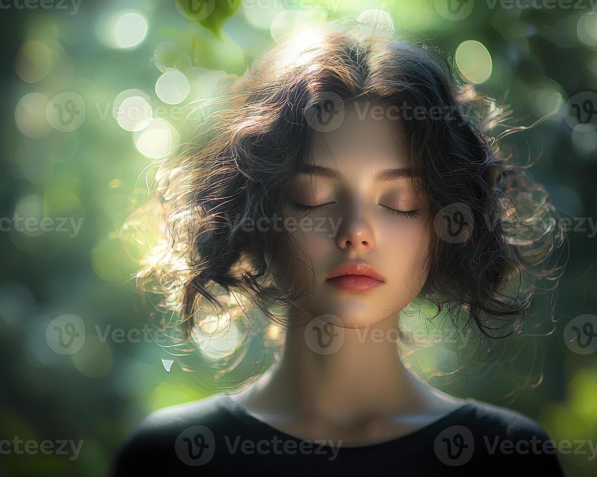 In this enchanting portrait, a curly-haired woman stands serenely bathed in a soft, ethereal backlit glow Dreamy bokeh circles her, creating a magical atmosphere of peace and wonder Her closed eyes photo