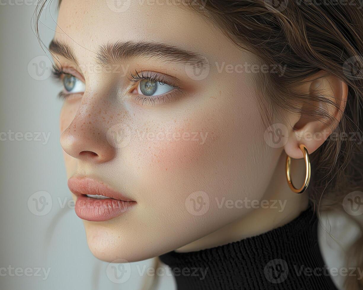 In this portrait, the subject is a young woman, her gaze directed slightly upward and to the side, suggesting contemplation or a sense of anticipation Her slicked-back hair emphasizes the clean lines photo
