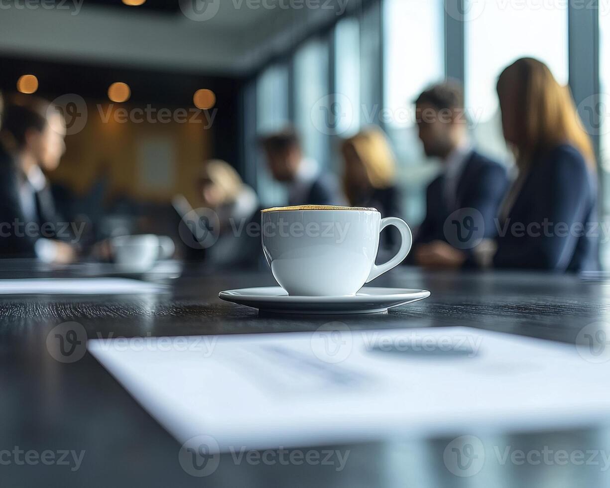 The early morning sun streams through the window as business executives gather at a stylish coffee shop The aroma of freshly brewed espresso fills the air, energizing the team They huddle together photo