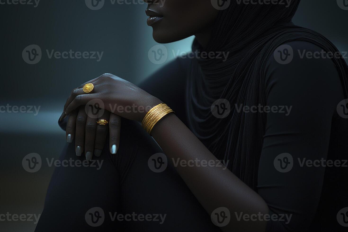 The image showcases a stunning contrast between a sleek, all-black outfit and delicate gold rings The simplicity of the black attire highlights the intricate details and elegance of the jewelry photo