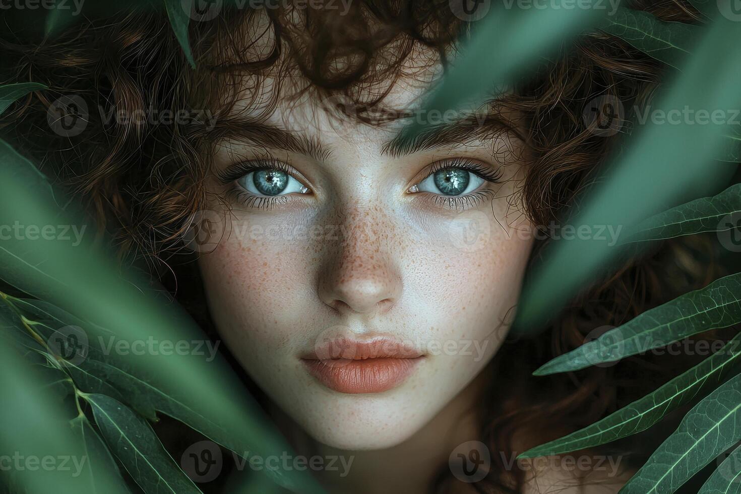 Within a verdant embrace, a woman with a cascade of curls finds solace, her gaze a tranquil pool reflecting the serenity of the surrounding foliage A symphony of soft bokeh paints the backdrop photo