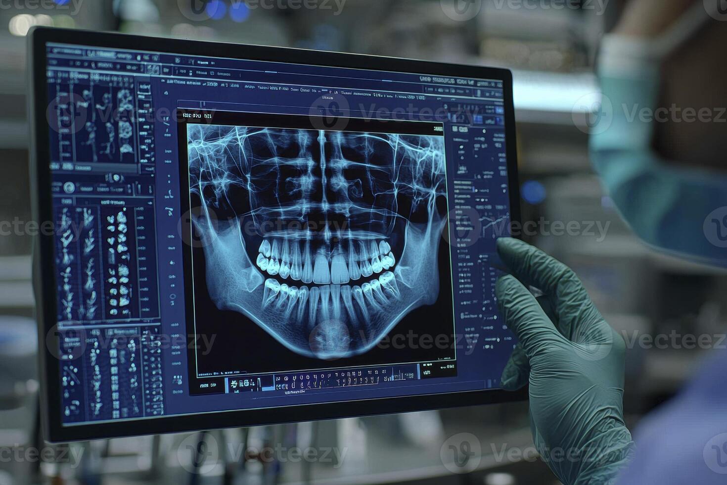 Within the immaculate walls of a spotless clinic, a seasoned expert meticulously analyzes a digital dental X-ray displayed on a high-resolution interface This advanced technology allows for a photo