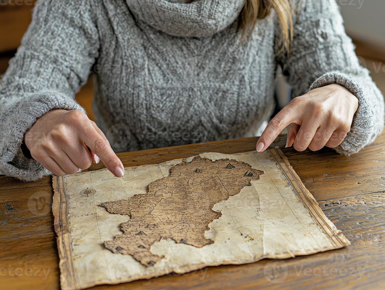 A captivating close-up image unveils a map lying gracefully on a weathered wooden table, evoking a sense of mystery and adventure The soft, diffused lighting accentuates the intricate details etched photo