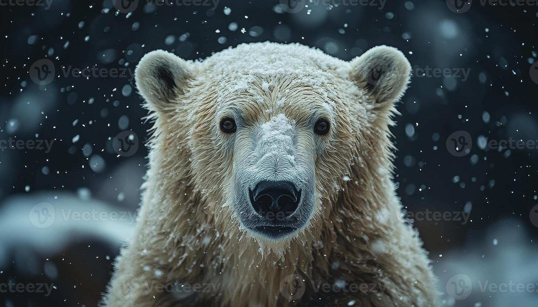A captivating close-up unveils the majestic polar bear, its snout dusted with pristine snow, showcasing the raw beauty of the Arctic wilderness Its dense fur, a testament to survival, glistens under photo