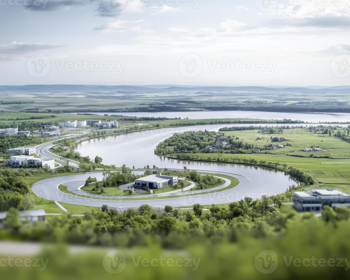 A captivating scene unfolds, revealing a sinuous river gracefully carving its path through an expansive, pristine plain The river's gentle curves form elegant, mesmerizing S-shapes, creating a visual photo