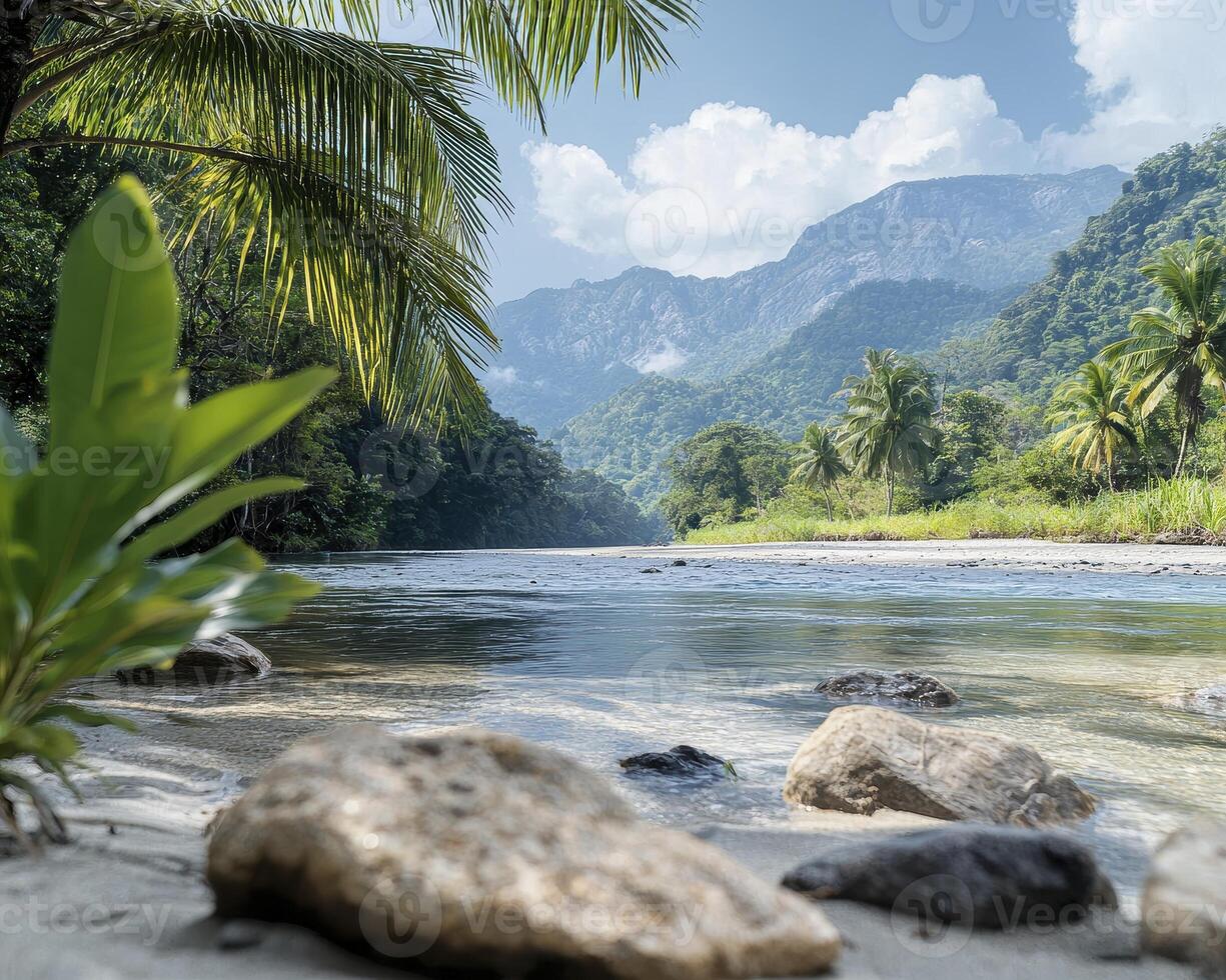 A clear, pristine river meanders gracefully through the heart of an untouched rainforest, its waters reflecting the vibrant hues of the surrounding flora Exotic fauna thrives along the water's edge photo