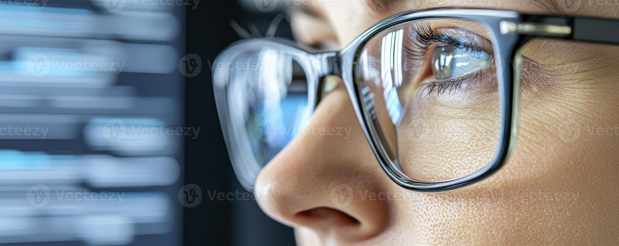 A close-up photograph showcases a person wearing eyeglasses, their gaze focused intently on an unseen object or screen The reflection in their lenses reveals a digital display, hinting at their photo