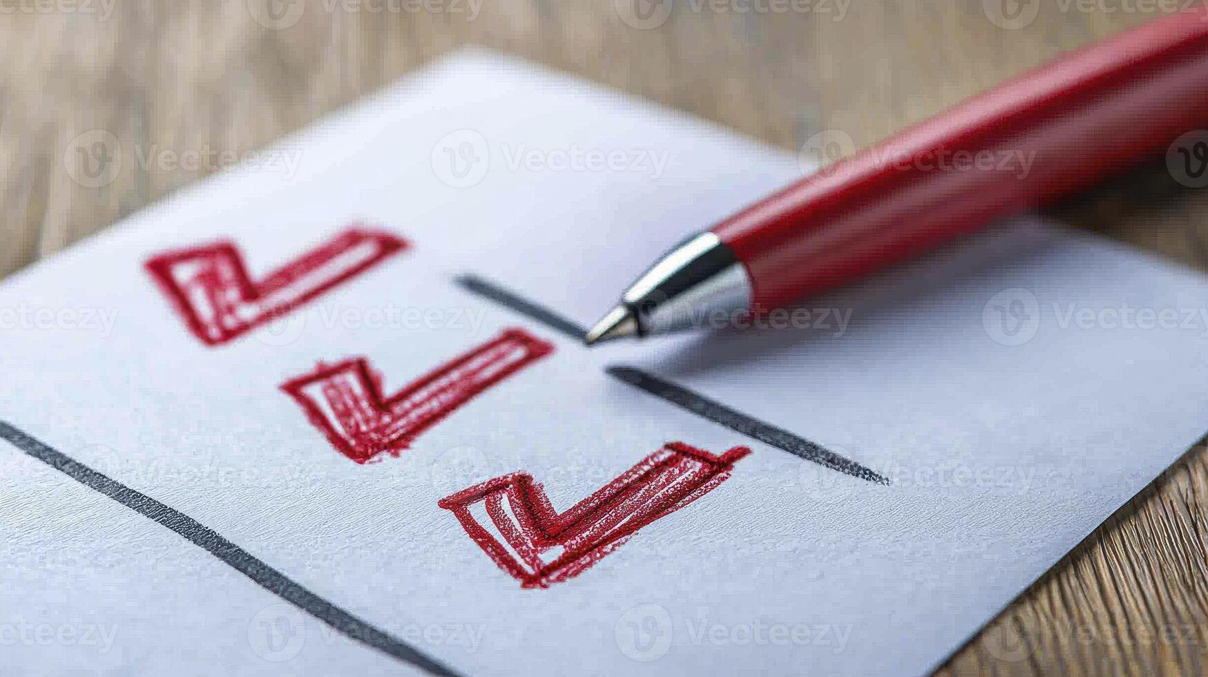 A close-up image portrays a checklist, meticulously marked with vibrant red check marks The composition emphasizes the importance of tasks completed, highlighting progress and achievement The visual photo