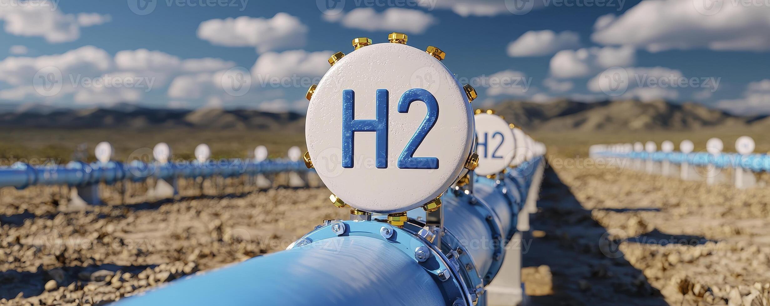 A close-up view showcases a vibrant blue hydrogen pipeline stretching across a desolate desert landscape, symbolizing the future of clean energy The pipeline, adorned with prominent H2 markers photo