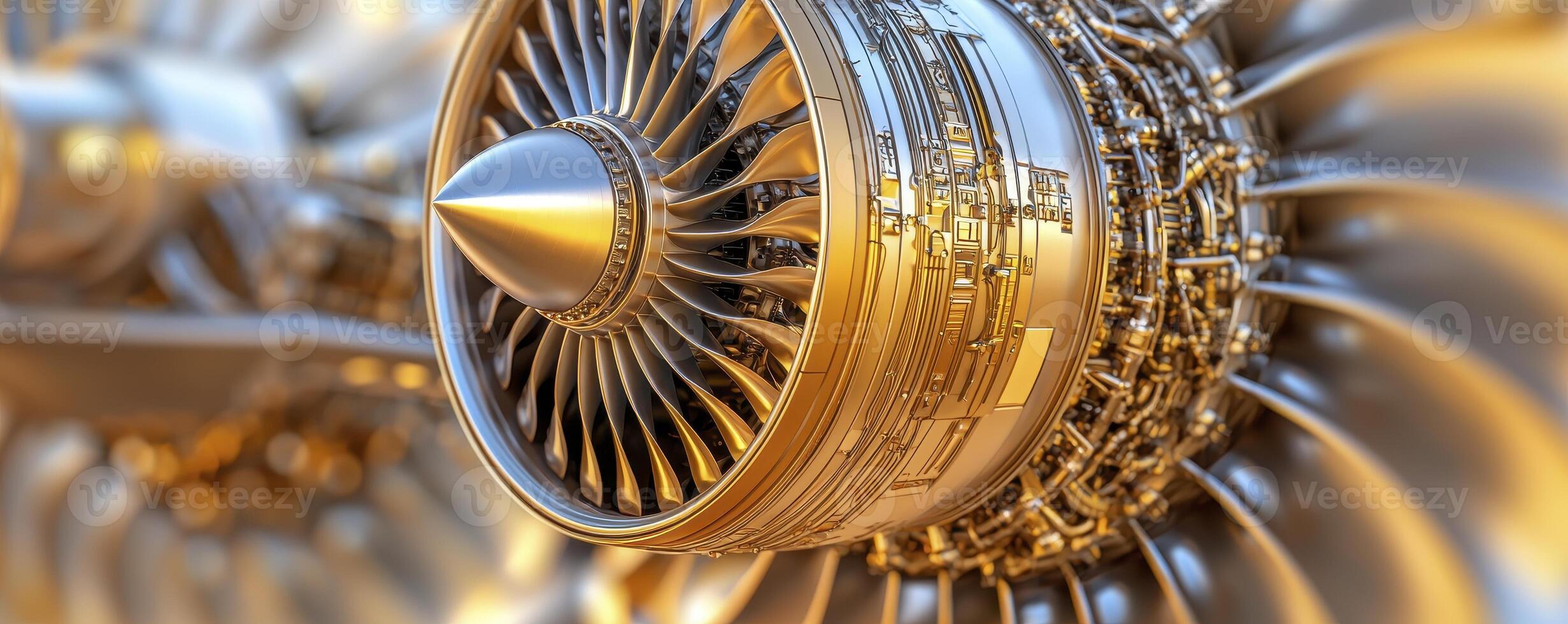 A detailed close-up shot unveils the intricate mechanics of a turbine engine, meticulously showcasing its sophisticated design The composition focuses on the engine's core elements, emphasizing the photo
