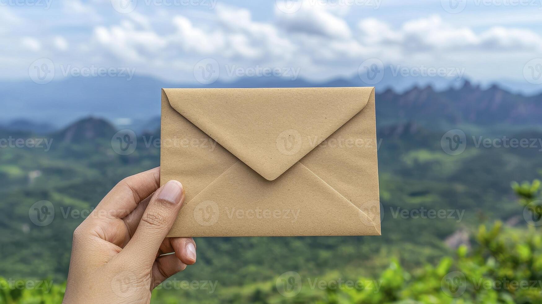 A hand gently holds a tan envelope against a blurred backdrop, suggesting a story unfolding The scenic vista, a tapestry of verdant greens and distant, hazy mountains, whispers of secrets carried photo