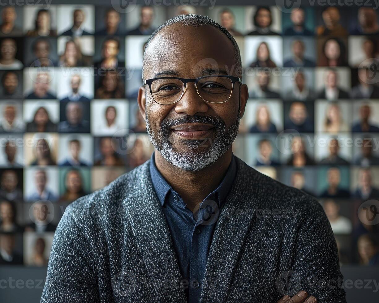A harmonious mosaic of faces fills a conference screen, representing the interconnectedness of our modern world Each participant, a window into diverse cultures and experiences, contributes to photo