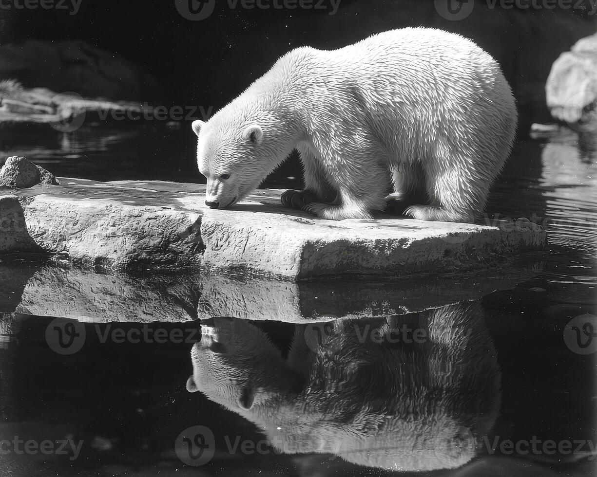 A magnificent polar bear, its fur pristine white against the stark monochrome, clings precariously to the icy edge of a fragmented ice floe The powerful creature, a symbol of Arctic resilience photo