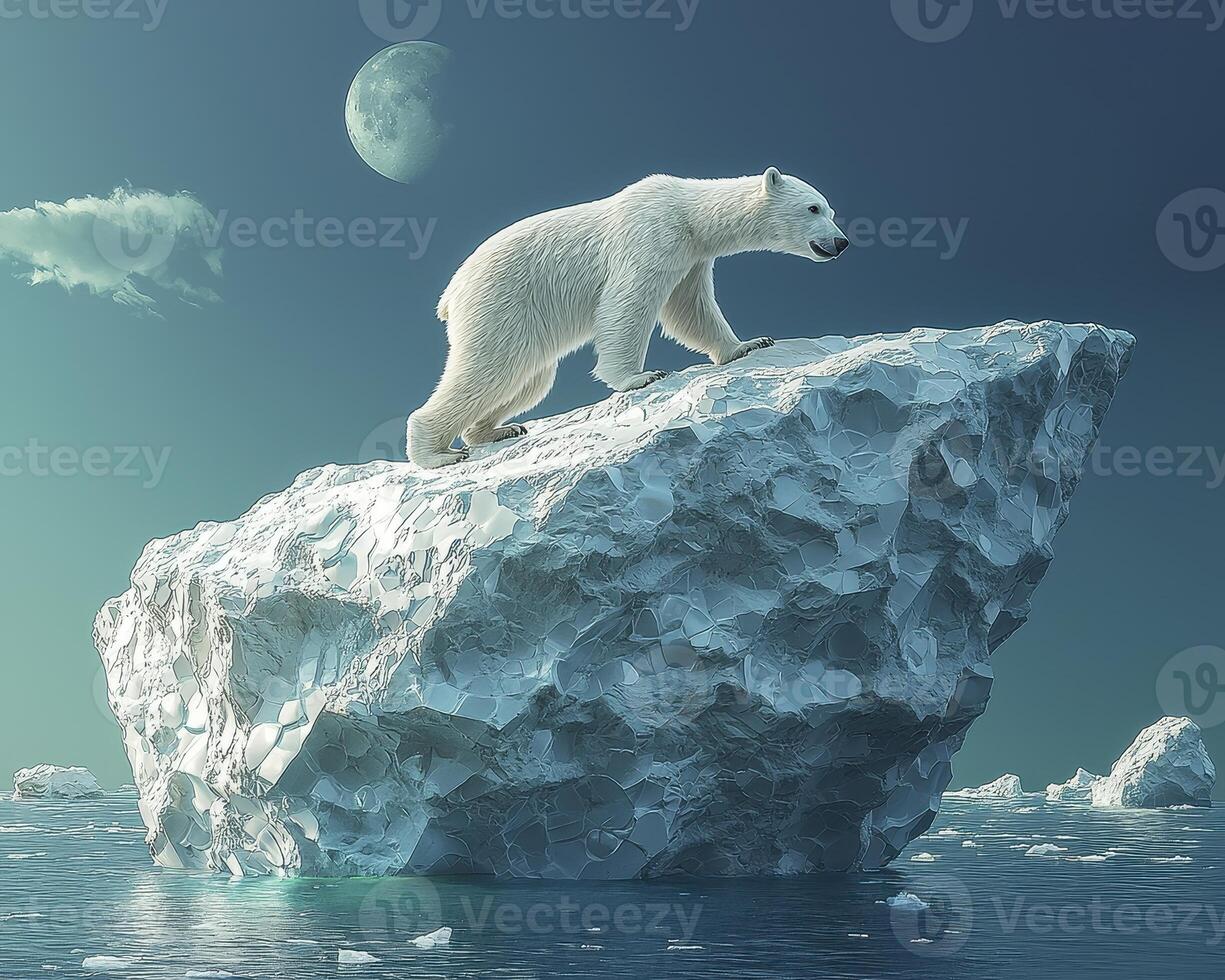 A majestic polar bear, its fur pristine white, claws gripping the icy edge with determination Perched precariously atop a solitary ice floe, the bear surveys the frigid expanse of Arctic waters The photo