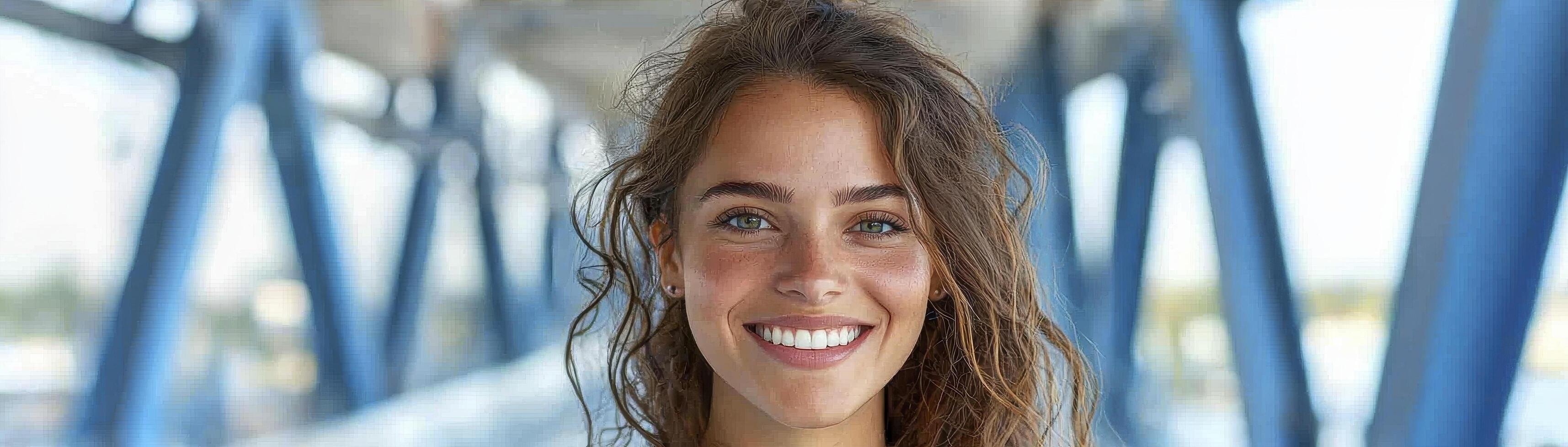 A radiant woman stands center frame, her smile captivating as she connects with the viewer Her wavy brown hair frames her face, the sunlight accentuating her features The backdrop is softly blurred photo