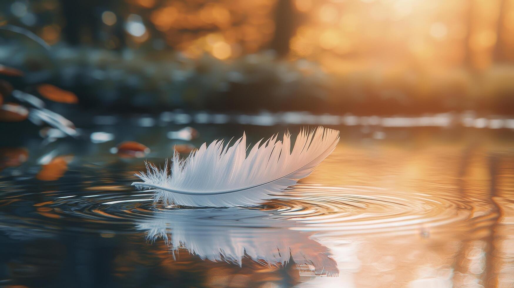 A serene and contemplative scene unfolds as a delicate feather gracefully rests upon the tranquil surface of the water, its presence barely disturbing the stillness Gentle ripples emanate outwards photo