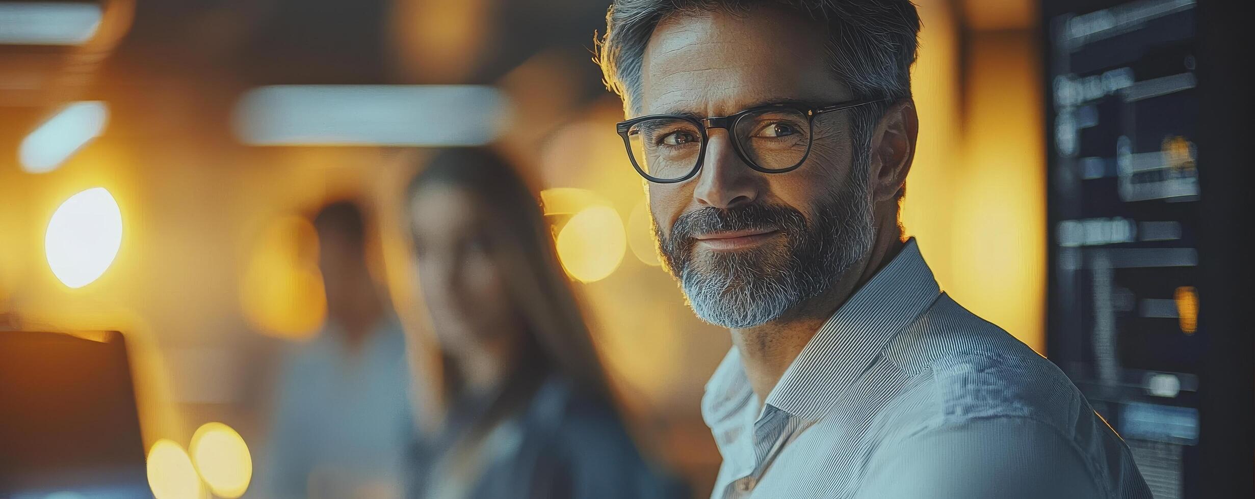 A seasoned startup executive, glasses perched on his nose, surveys his team's progress The soft glow of futuristic dashboards illuminates his face, reflecting the AI-powered task management system photo