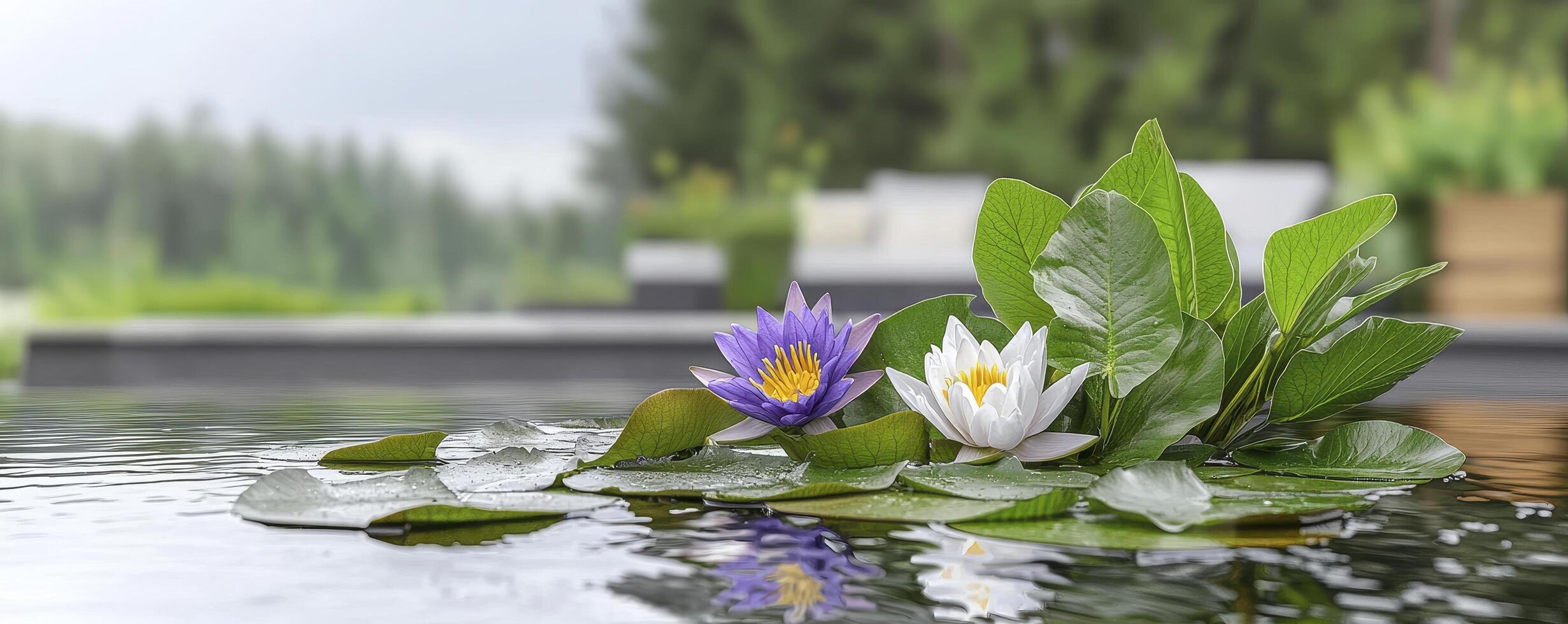 A serene expanse of still water mirrors the surrounding lush greenery, reflecting the soft light of the overcast sky Water lilies, adorned in vibrant hues of white and purple, float gracefully on the photo