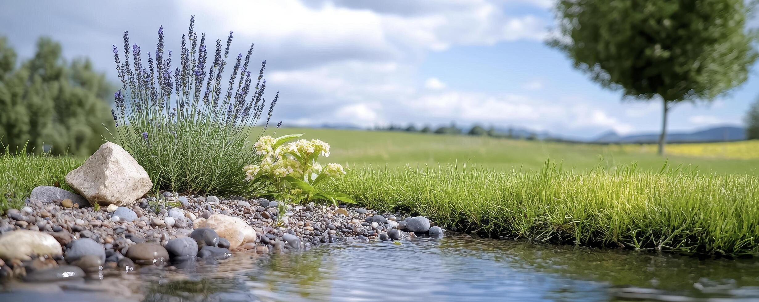 A serene landscape unfolds, featuring a crystal-clear river gracefully meandering through a vibrant lavender field The scene is bathed in soft, natural light, enhancing the purple tones that photo