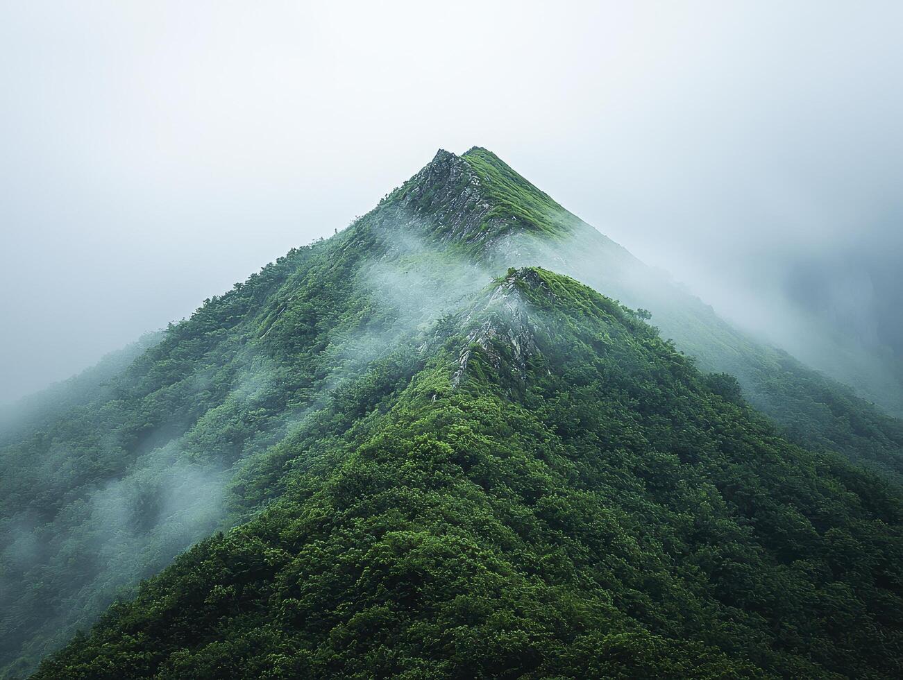 A serene mountain ridge, veiled in a mystical blanket of dense fog, emerges majestically from the ethereal landscape The verdant slopes, cloaked in lush greenery, ascend towards the heavens, their photo