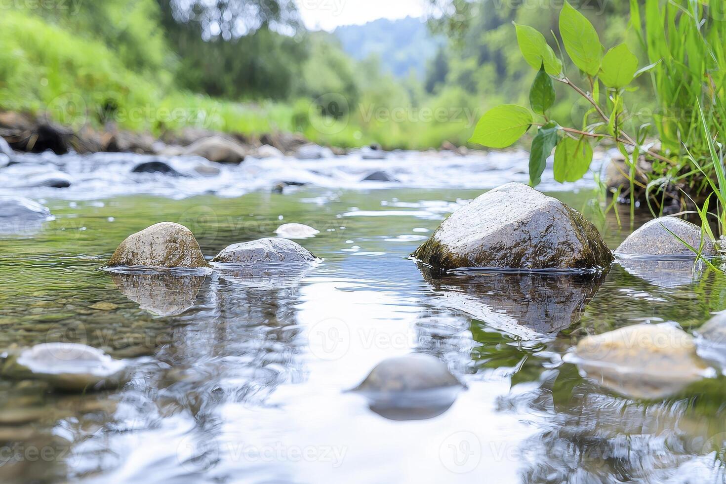 A serene wilderness river flows, its waters crystal clear, revealing the riverbed's hidden treasures Gentle currents dance across the surface, creating mesmerizing patterns of light and shadow photo