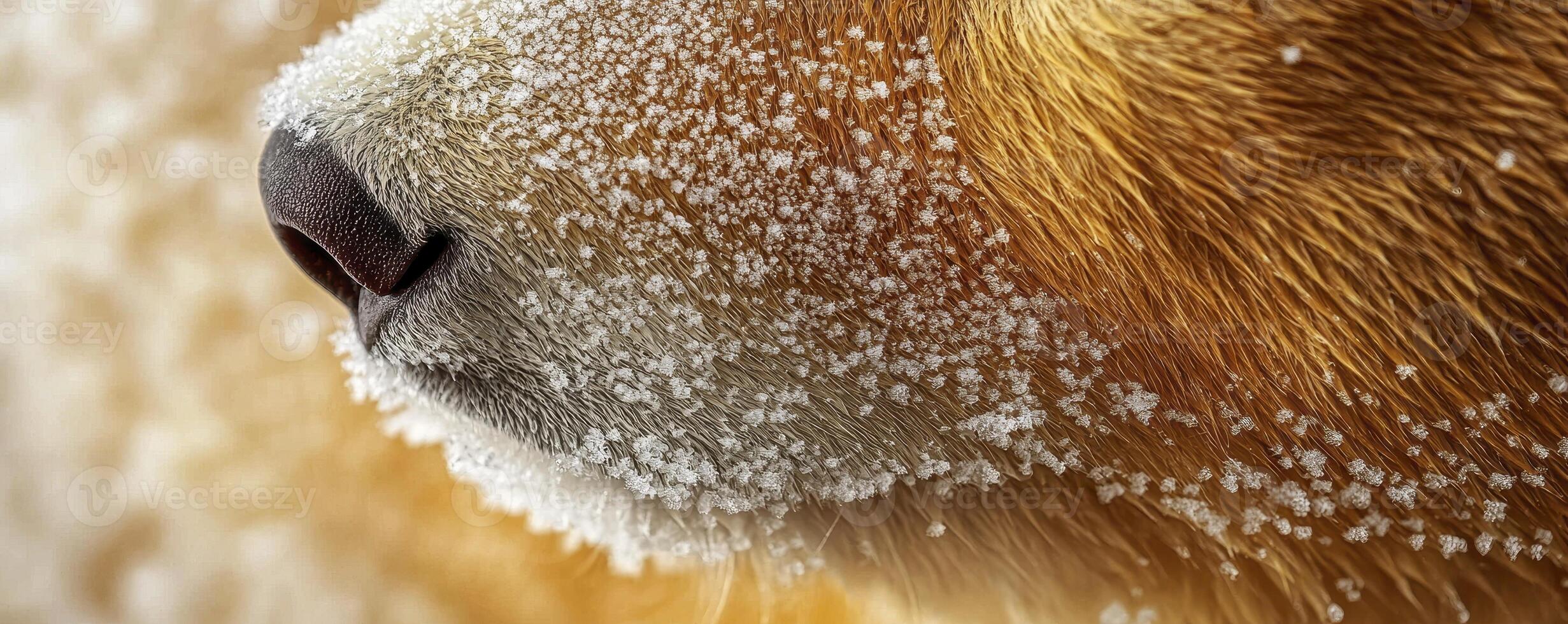 A stunning macro shot showcases the mesmerizing details of a polar bear's fur, each strand delicately adorned with a crystalline layer of frost The intricate patterns of ice sparkle under the light photo