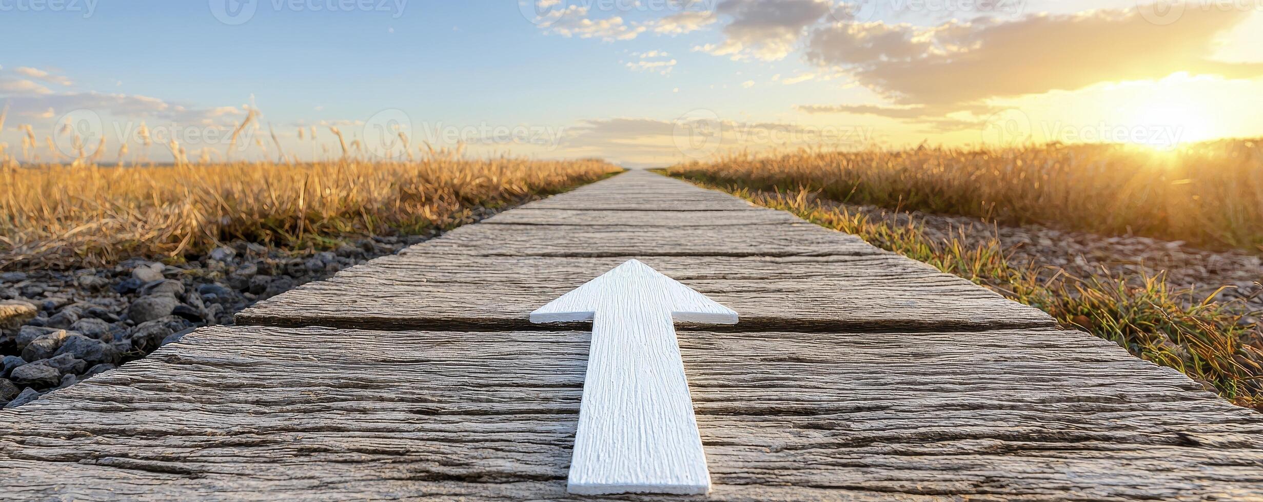 A straight wooden path leading towards a bright horizon symbolizes direction, purpose, and journey The white arrow superimposed guides the viewer's eye, adding a sense of intentionality and forward photo