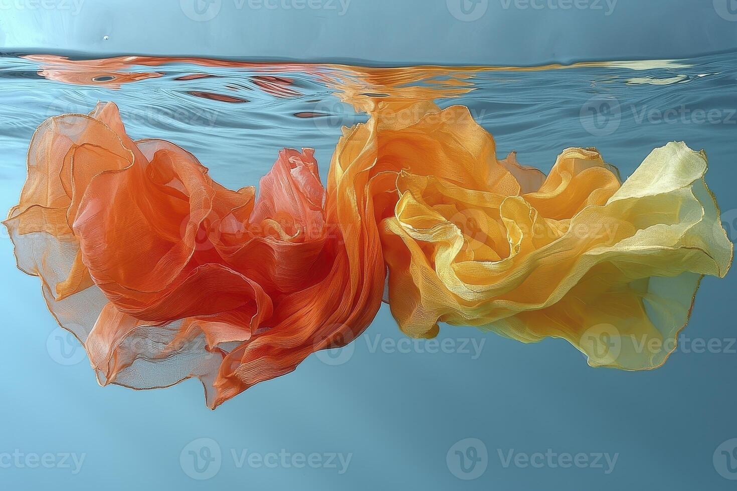 A tranquil dance unfolds beneath the surface, where ribbons of silk, imbued with vibrant hues, sway in unison with the rhythm of deep breaths Orange and yellow intertwine, mirroring the ebb and flow photo