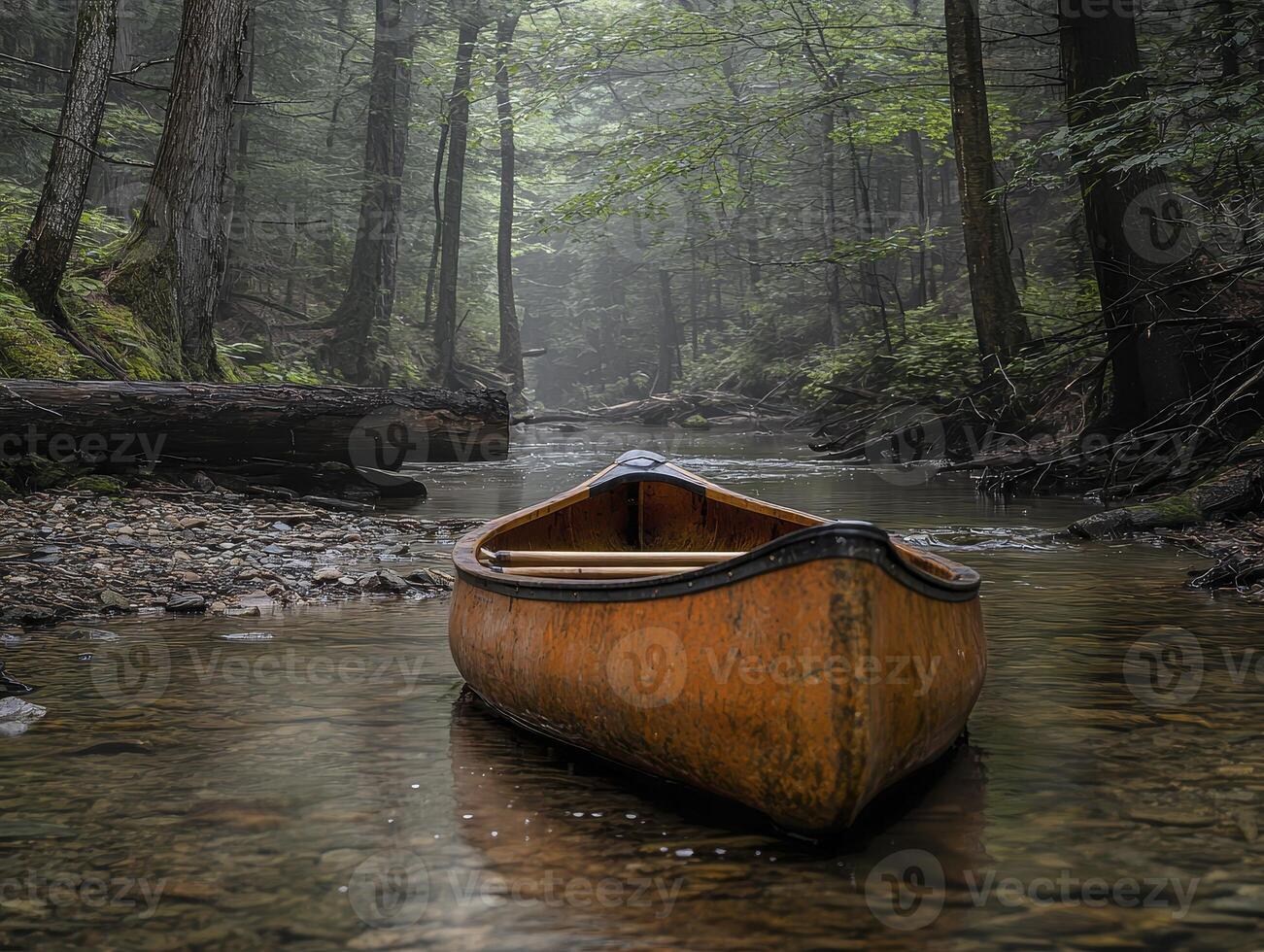 A tranquil forest scene unfolds, showcasing a serene stream gently flowing through the heart of the woods A lone canoe rests peacefully on the water's surface, its presence hinting at quiet photo