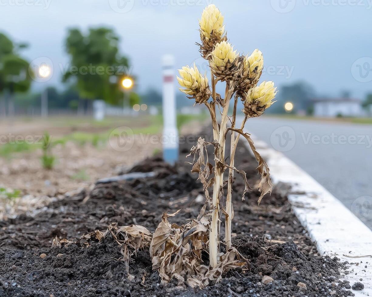 Against the odds, a lone plant perseveres in arid conditions, a testament to nature's resilience Each withered leaf tells a story of survival, while the budding flowers signal a hopeful future This photo