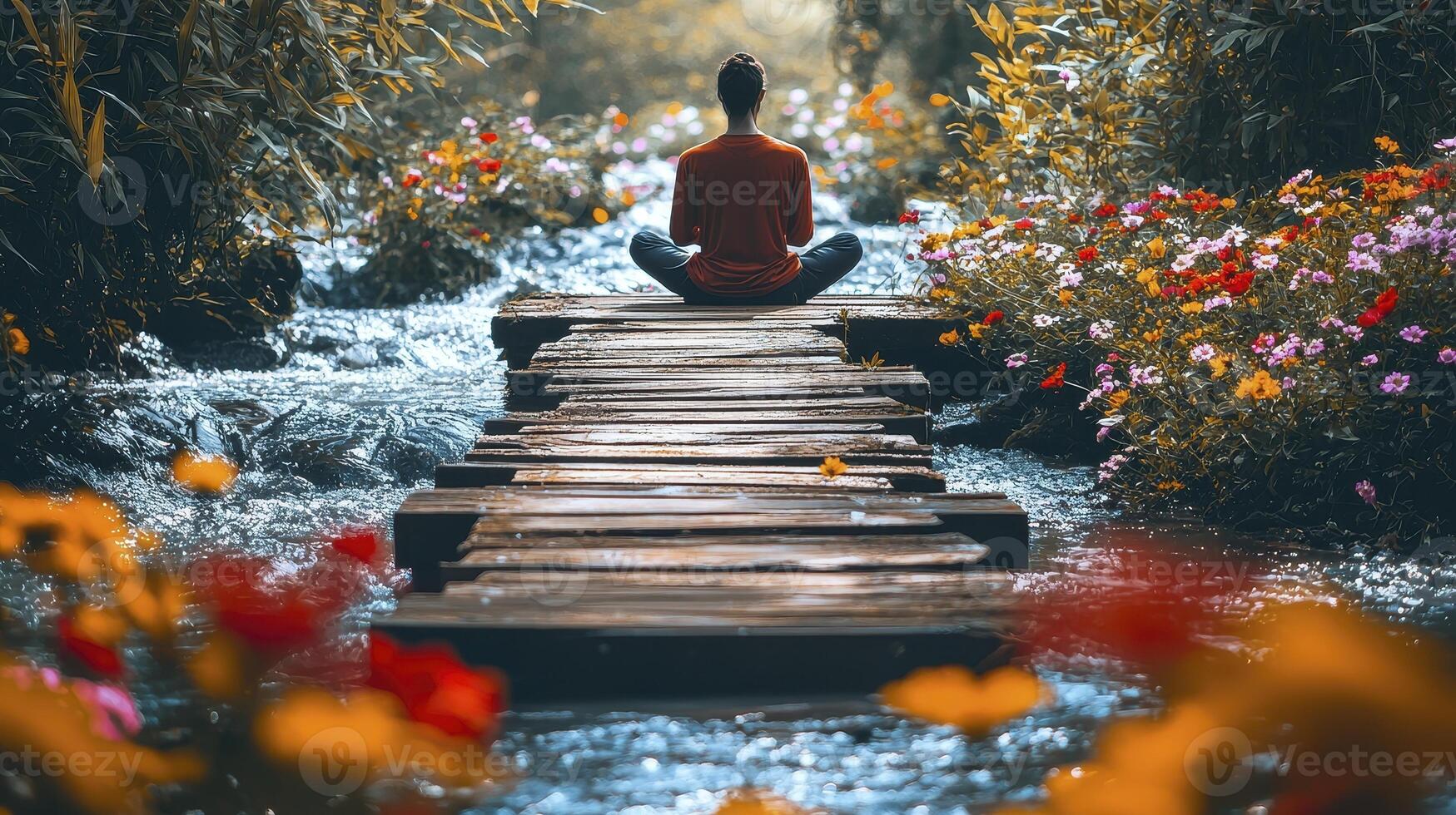 Amidst a vibrant tapestry of nature, a solitary figure finds solace upon a weathered wooden bridge, their form poised in serene meditation The gentle murmur of a flower-strewn stream accompanies photo