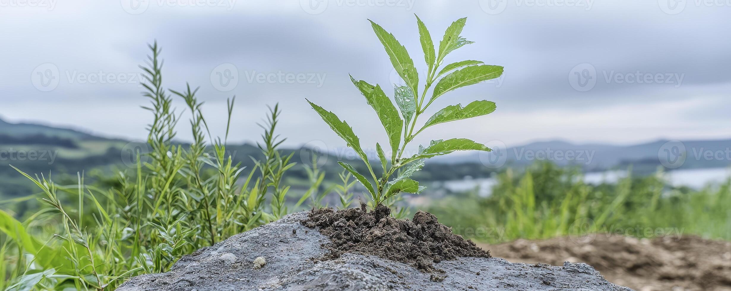Amidst rolling hills and a serene lake, a tender sprout emerges, a testament to life's unwavering resilience Green shoots unfurl against a backdrop of nature's beauty The delicate plant clings photo