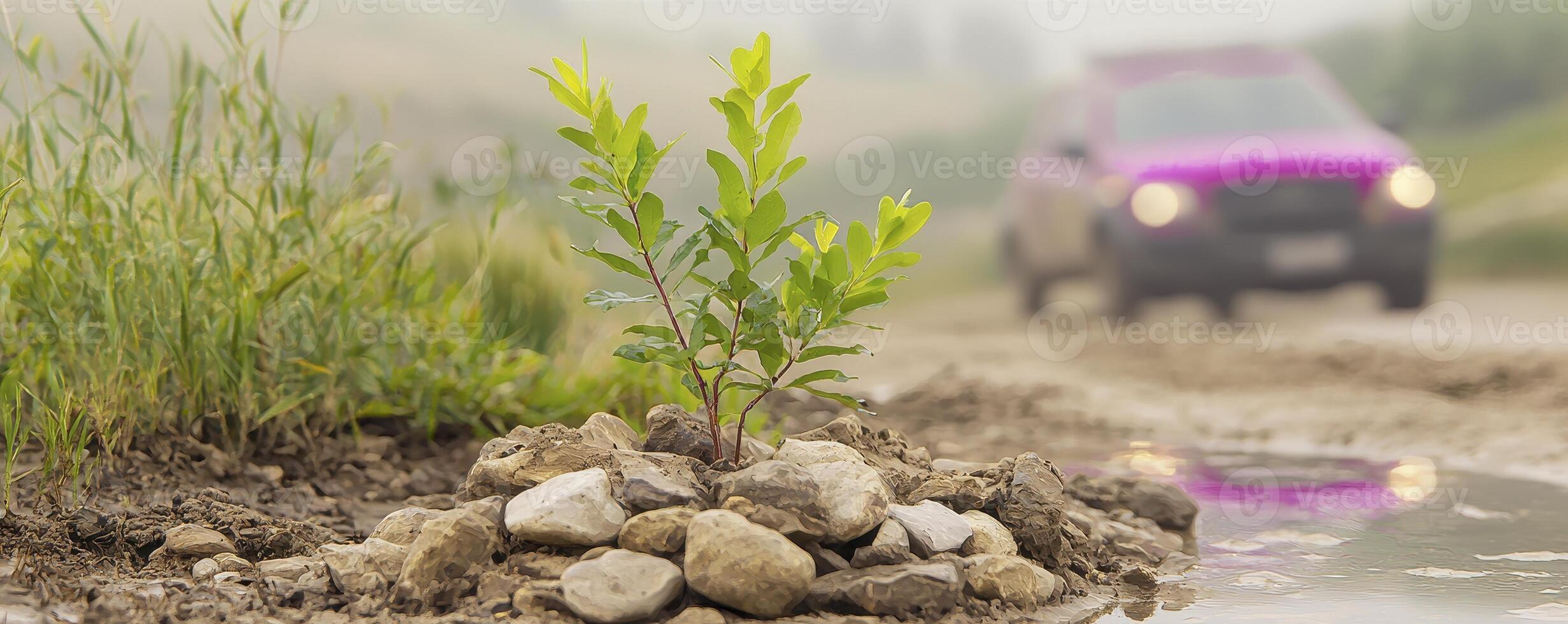 Amidst the cracked earth, a solitary seedling perseveres, a symbol of life's tenacity Its vibrant green leaves reach towards the sun, a beacon of hope in a barren landscape The surrounding terrain photo
