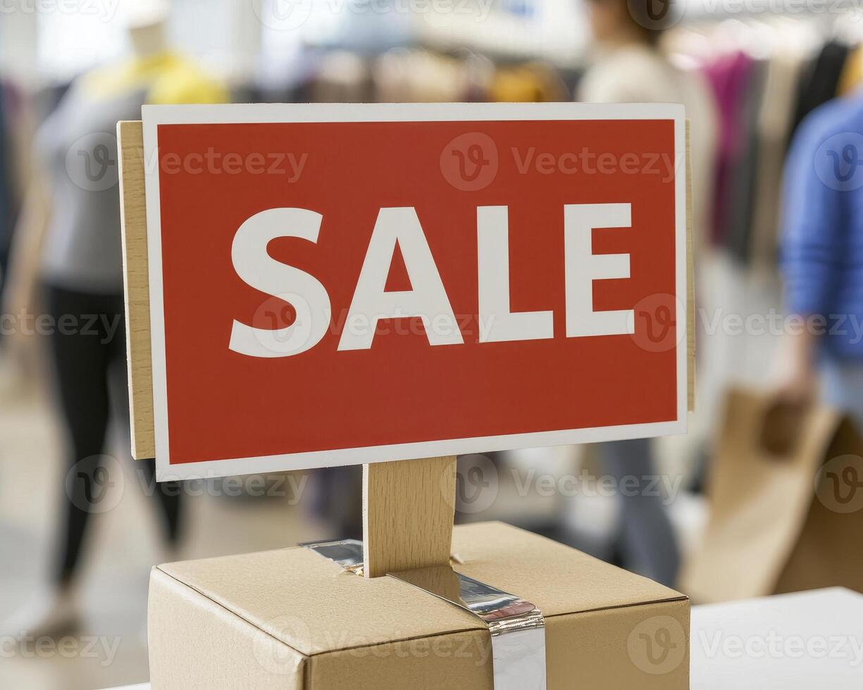 Amidst the retail landscape, a vivid red sale sign stands prominently, beckoning shoppers with the promise of savings Mounted atop a sturdy cardboard box, the sign declares the event, SALE, in bold photo