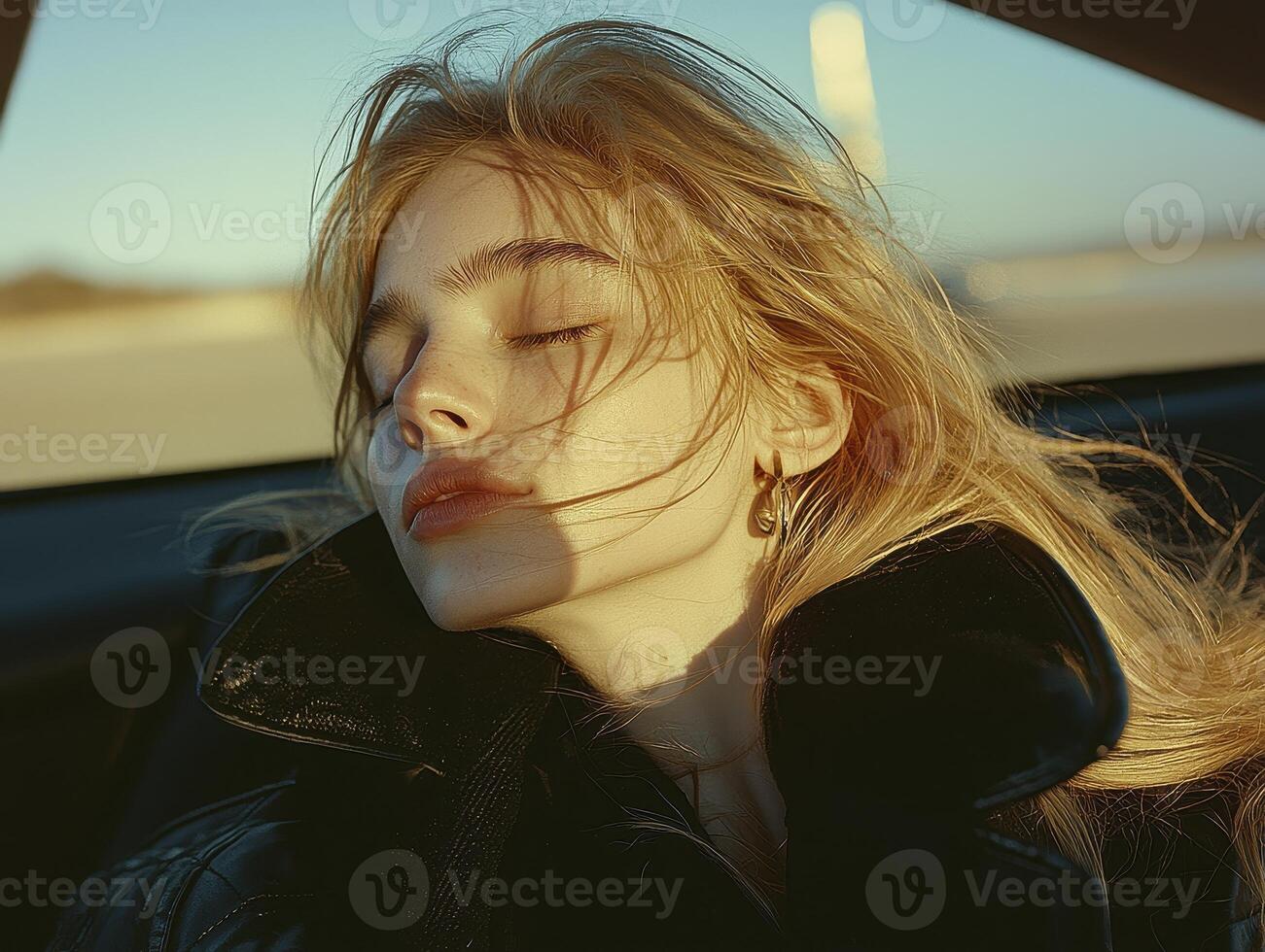 Bathed in the warm glow of the setting sun, a young woman surrenders to the wind's embrace, her face tilted upwards, eyes gently closed, lost in a moment of pure, unadulterated joy She leans photo