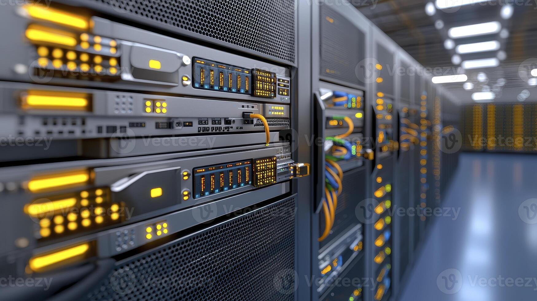 Delving into the heart of digital infrastructure, this close-up view of a secure data center unveils the intricate network that underpins our modern world Rows of servers stand tall, their blinking photo