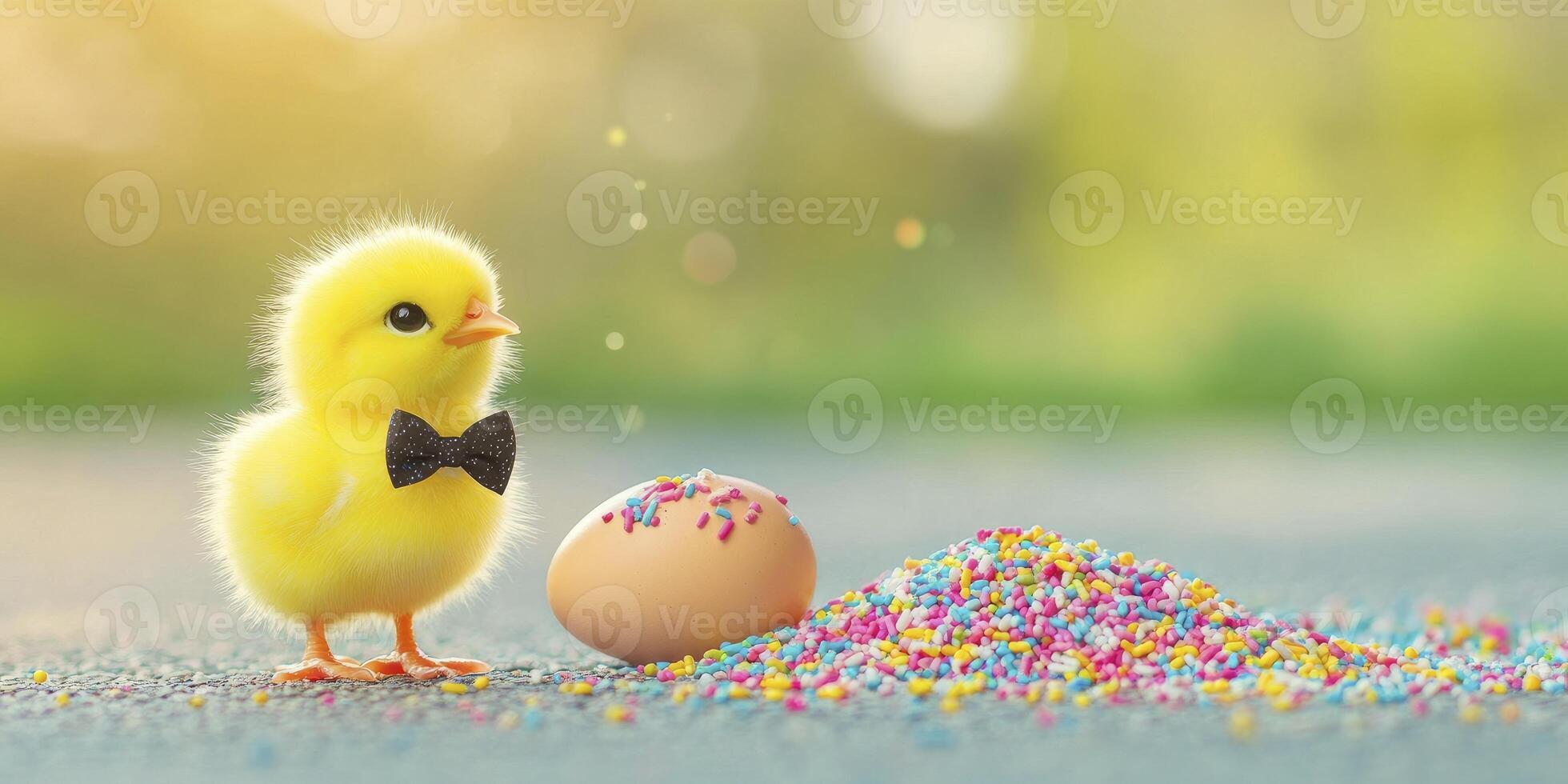 A small yellow chick with a bow tie standing next to an egg photo