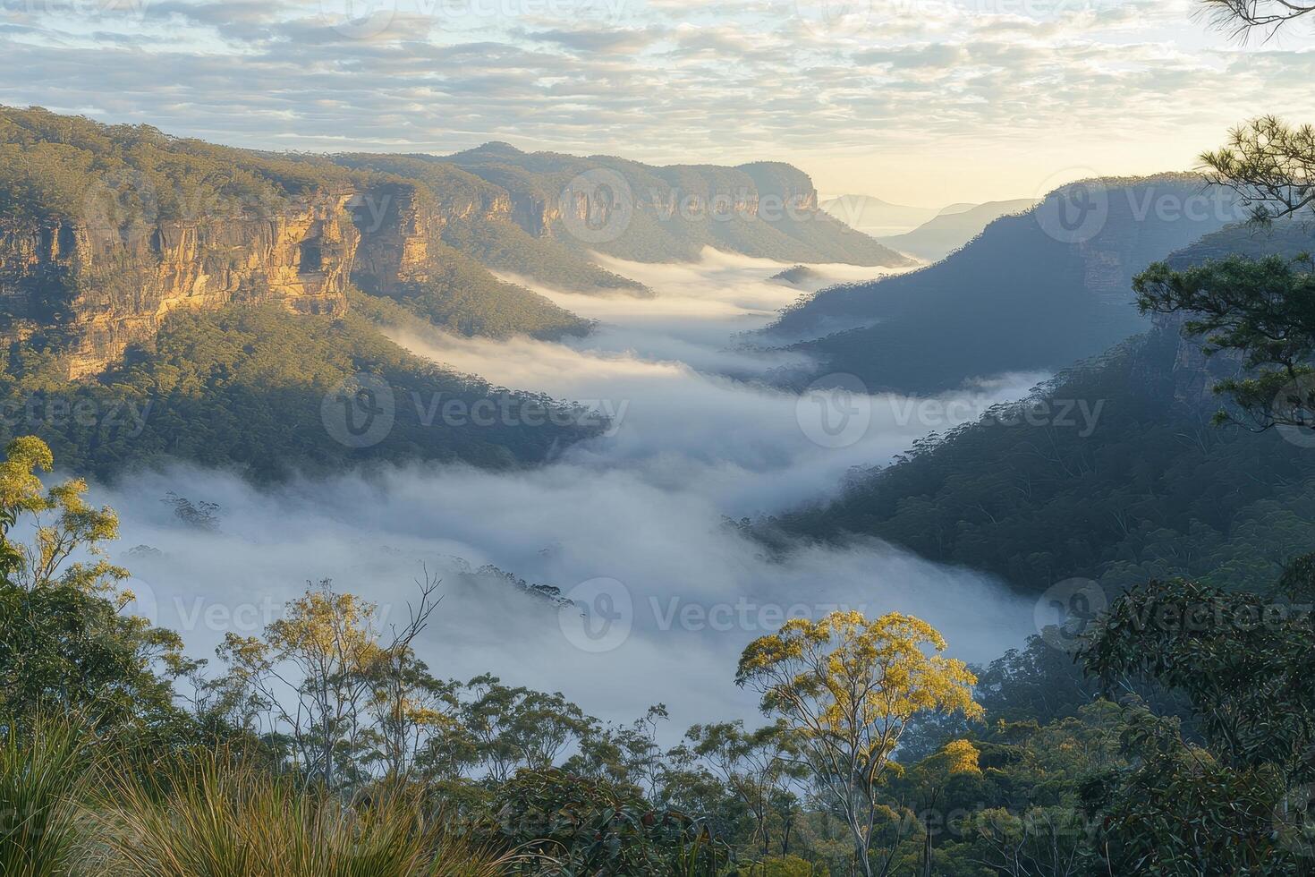 Envision a timeless landscape, where rugged rock formations emerge dramatically from the ethereal embrace of a dense, clinging fog This secluded terrain, untouched by the relentless march of time photo