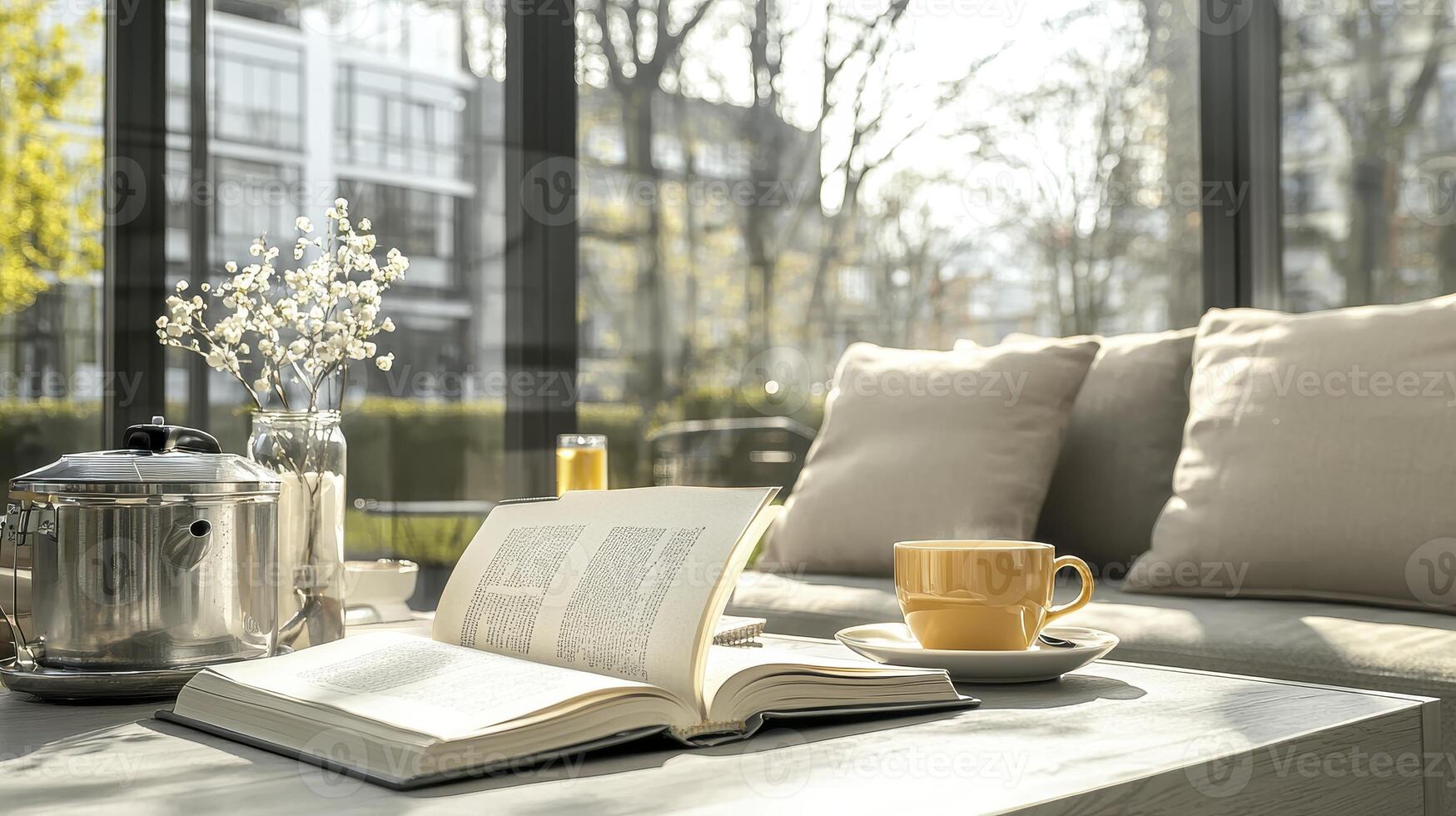 Imagine escaping into this tranquil haven, a cozy nook bathed in soft light Sink into plush cushions, a haven of relaxation as you lose yourself in the pages of an open book Let the aroma of warm tea photo